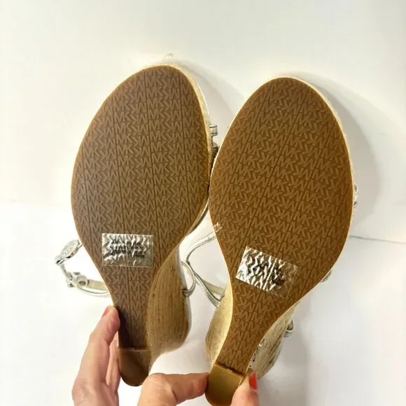 Michael Kors Metallic Espadrille Wedge Sandals Silver Strappy Womens - Picture 6 of 6